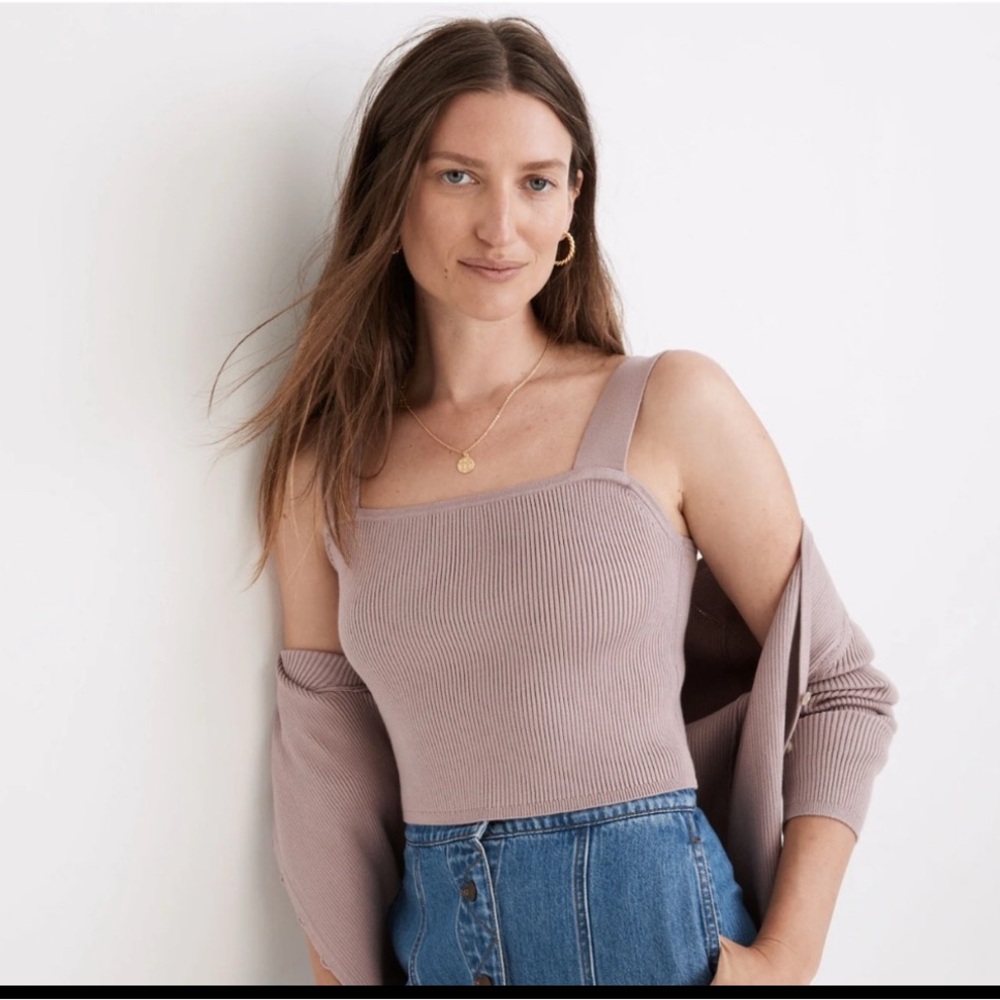 Madewell Ribbed Mauve Sweater Tank & Cardigan Set - Size Small - EUC
